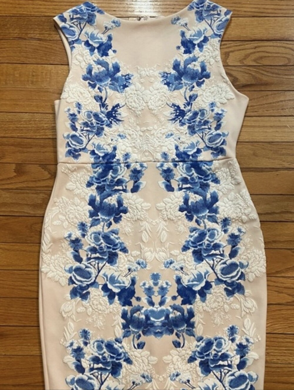 Asos Light Powder Pink Midi Dress with Blue White Floral Embroidery